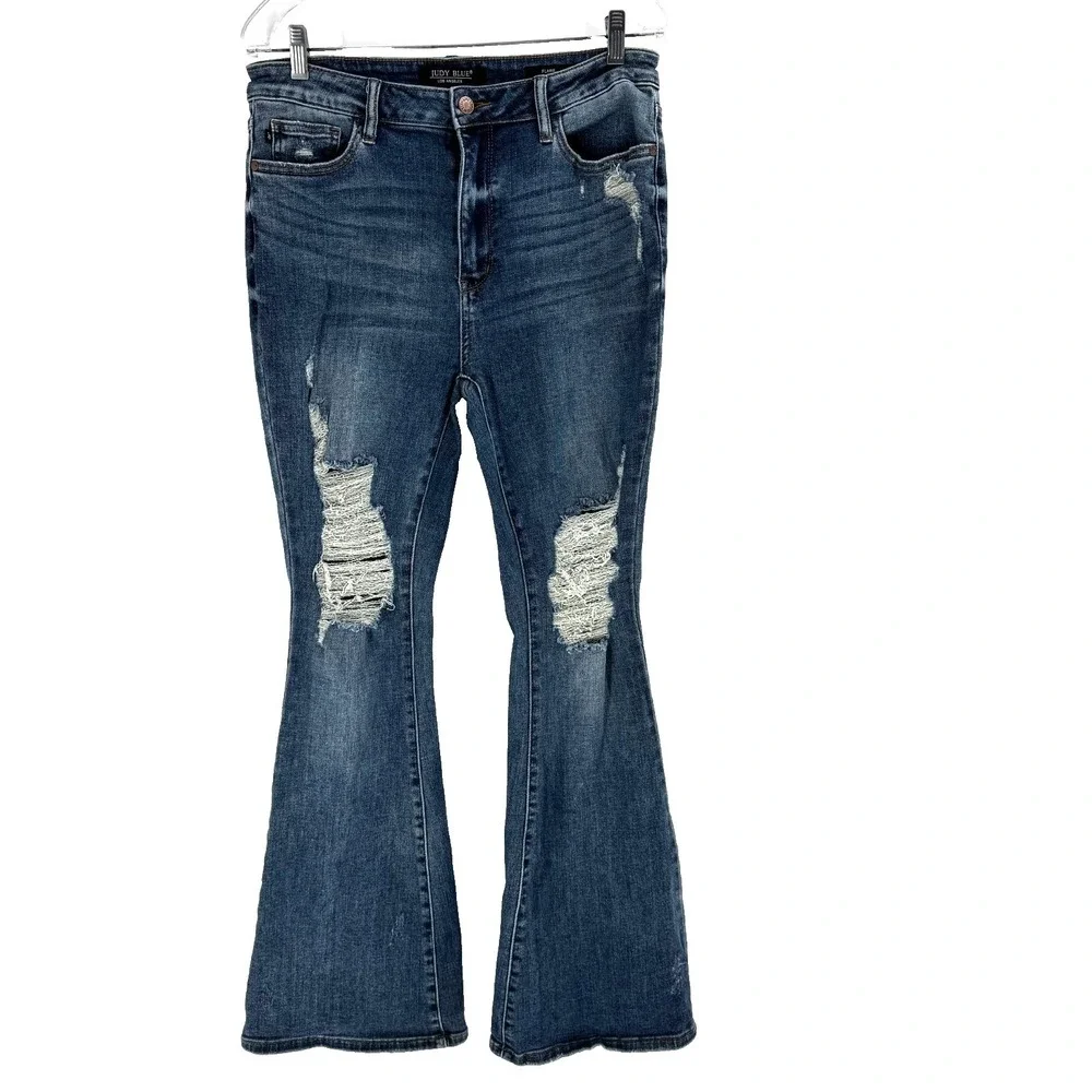Judy Blue High Waisted Destroyed Flare Leg Jeans Womens 13 Cowgirl Western Rodeo